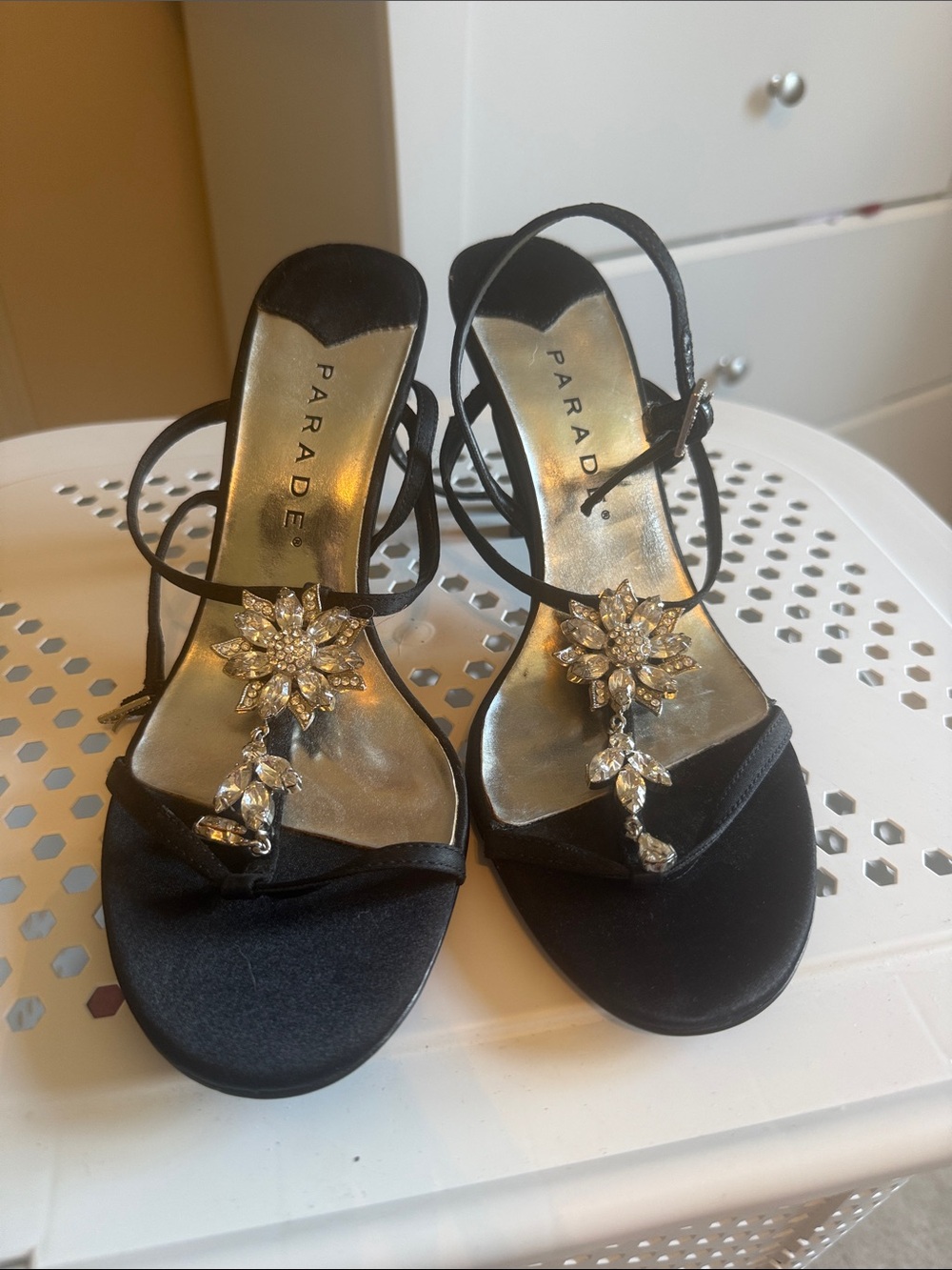 Parade Black Satin Crystal-Embellished T-Strap kitten Heels